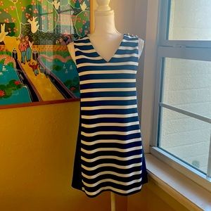 ZARA WOMAN SLEEVELESS NAUTICAL SCUBA SHIFT DRESS BLUE WHITE STRIPES ABOVE KNEE M